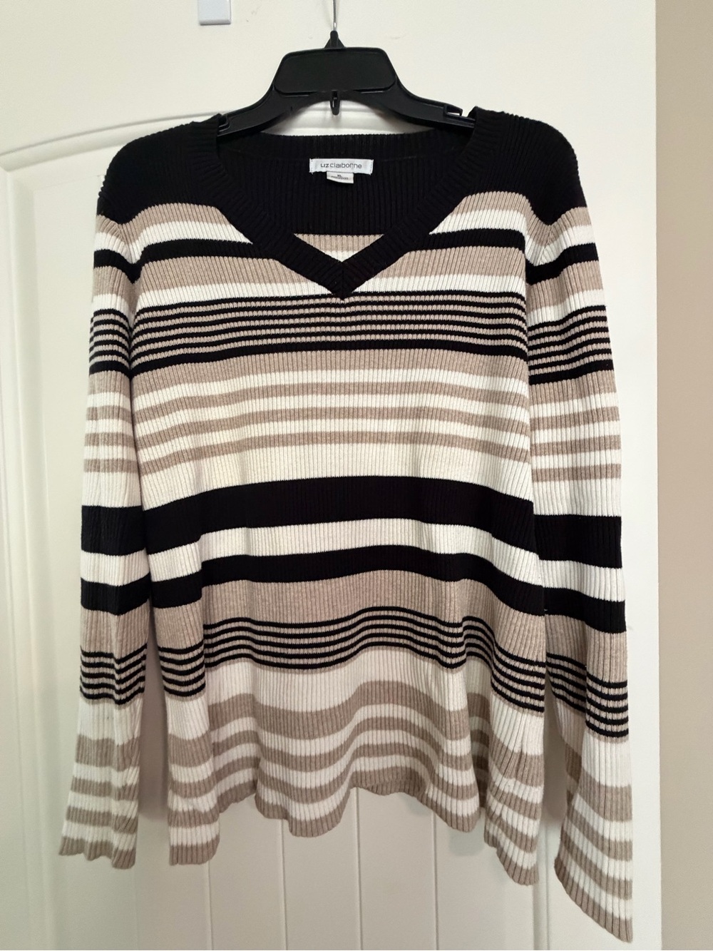 Liz Claiborne Black Cream and Tan Striped V-Neck Sweater